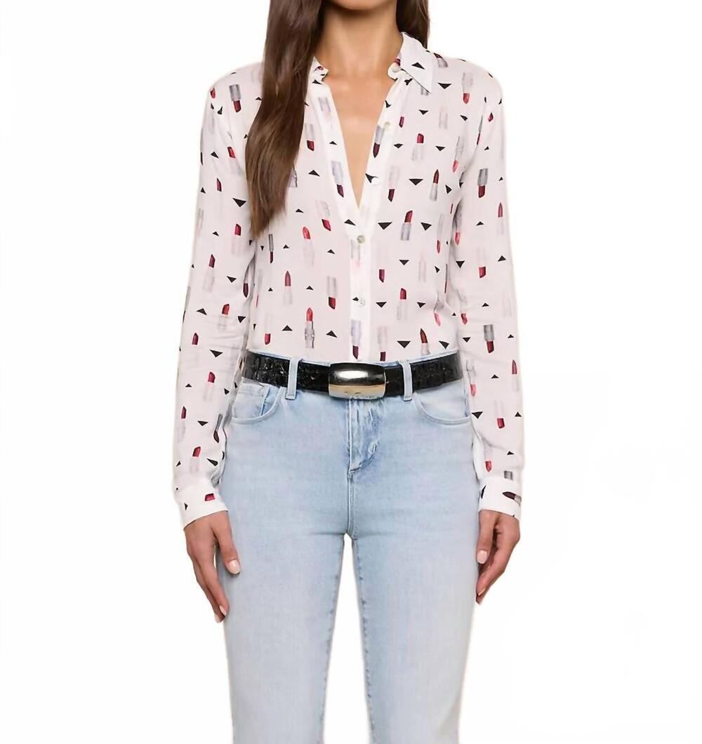 NEW L'AGENCE holly long sleeve blouse in ivory multi lipstick geo